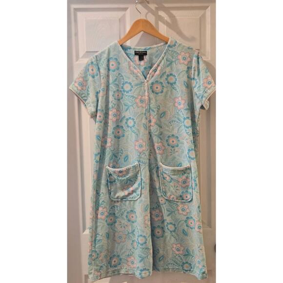 Miss Elaine Relax Floral French Terry Zipper Short Robe See Measurements Pockets - Picture 2 of 7